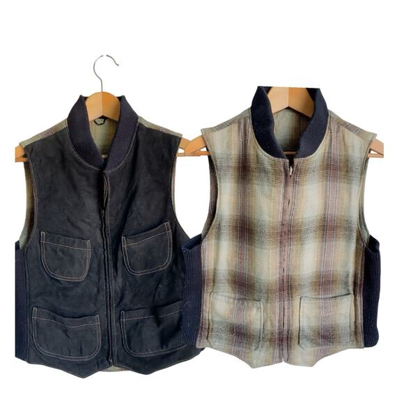 Vintage Black Suede Vest Reversible Heritage Flannel Gorpcore Jacket Unisex M - Picture 1 of 5